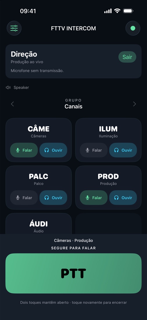 Tela de canais do FTTV INTERCOM com destinos selecionados